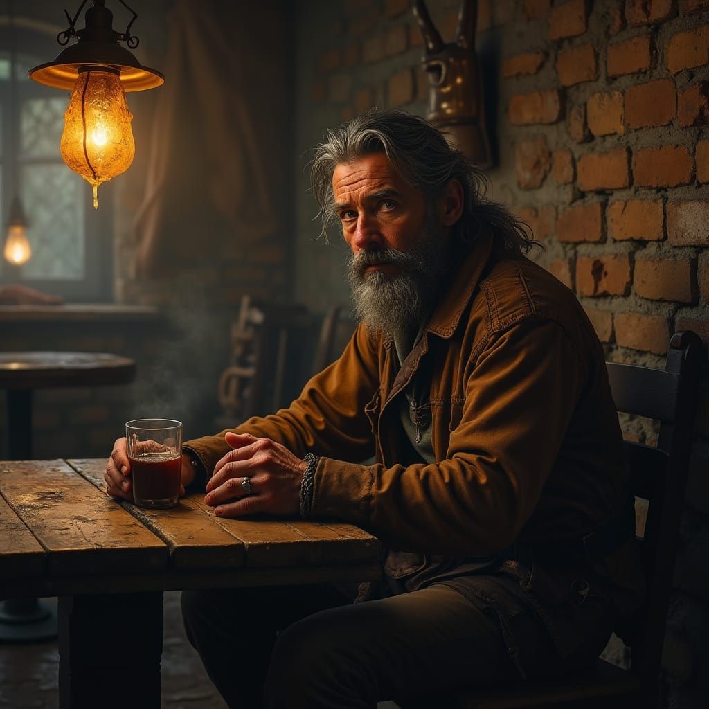 Weary Man with Golden Eyes in Tavern