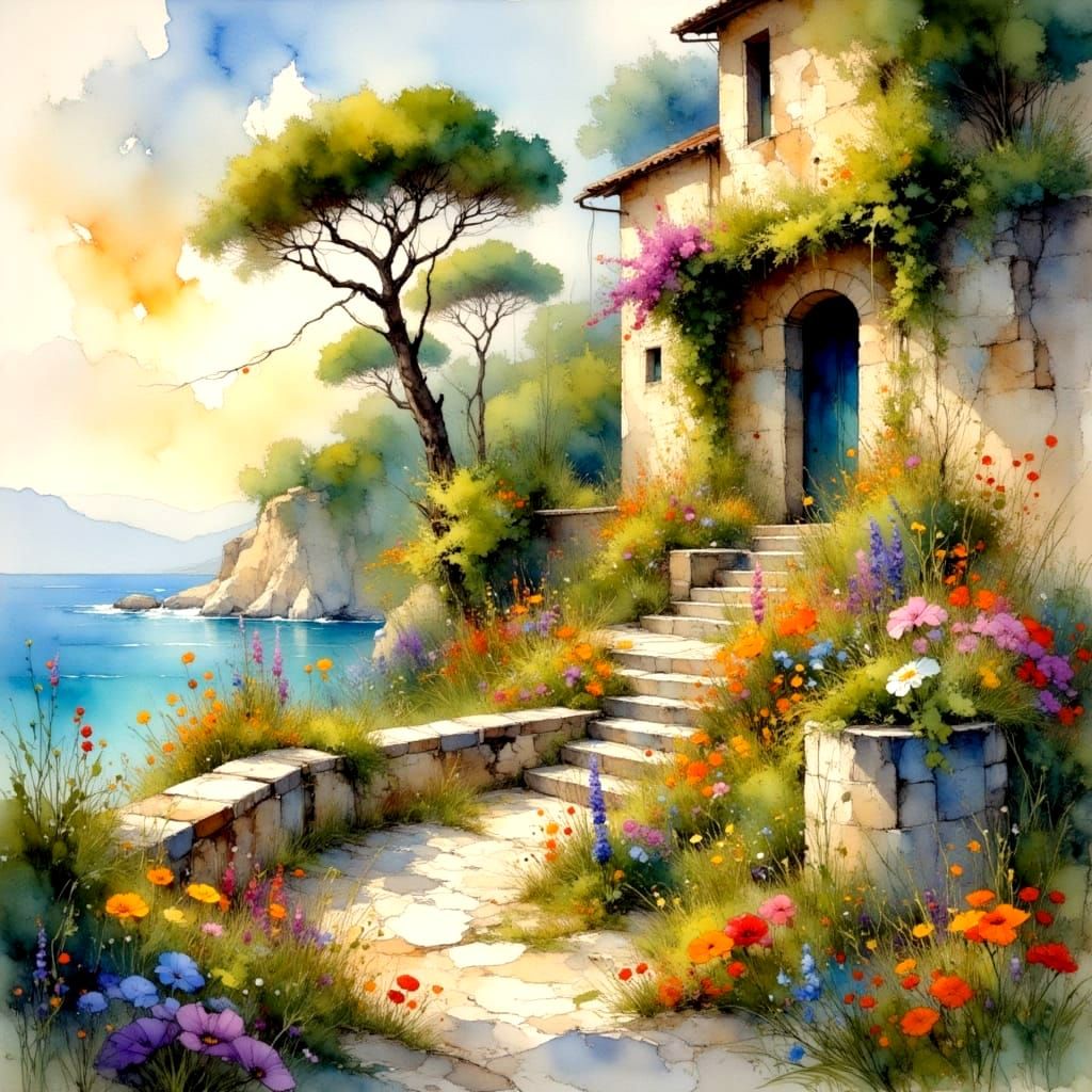 Dreamlike Garden Scene in Impressionistic Watercolor Style