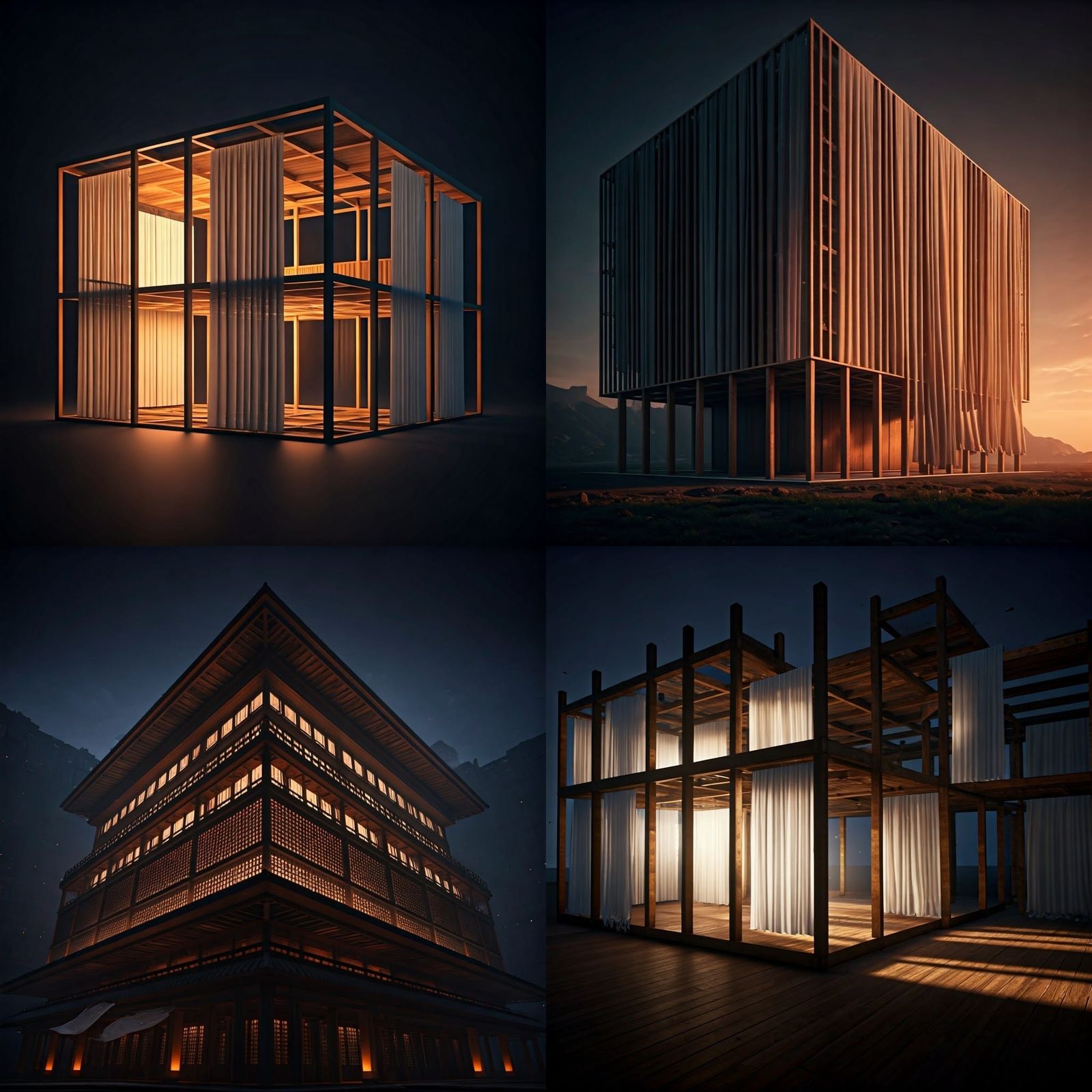 Surreal Wooden Structure with Dynamic Lighting and Minimalis...