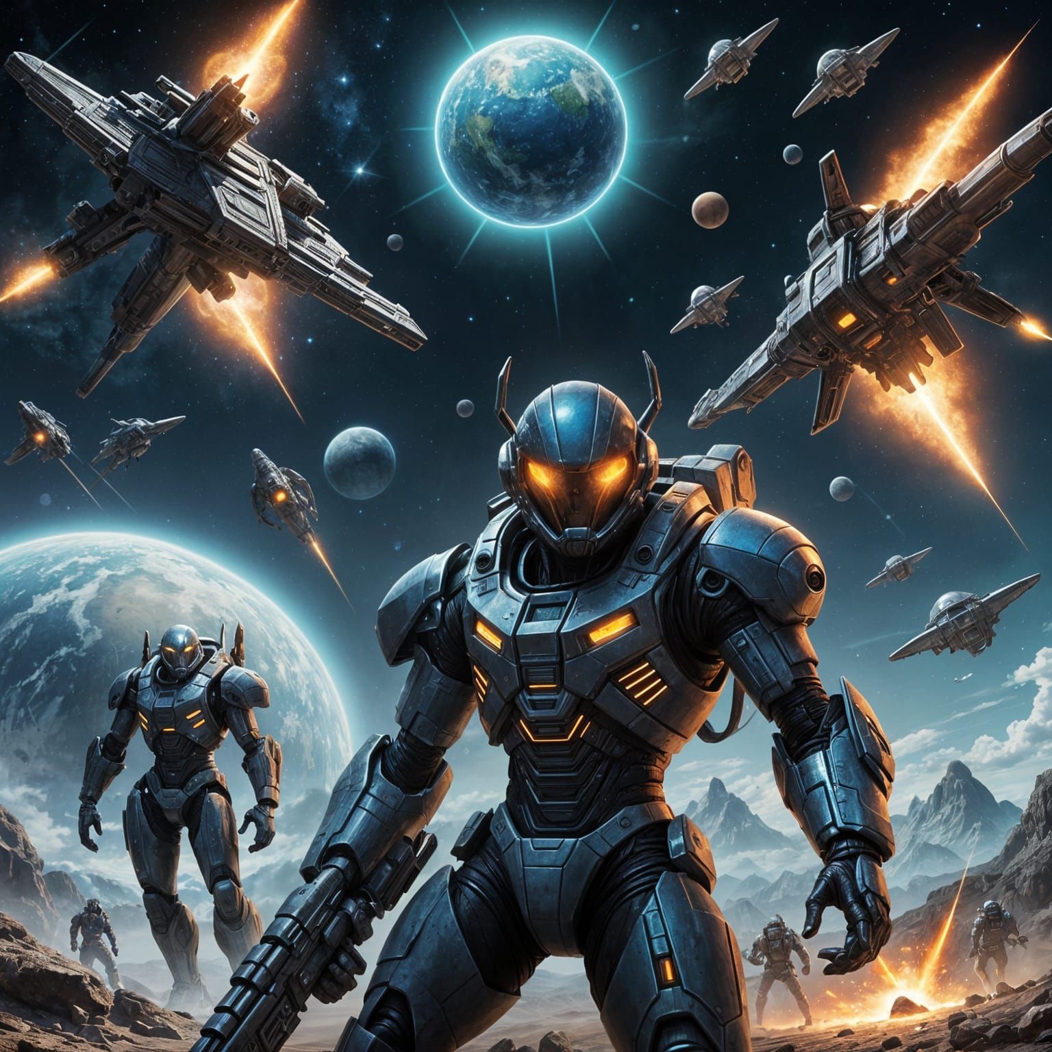 Cosmic Warriors in a Distant Planet Landscape