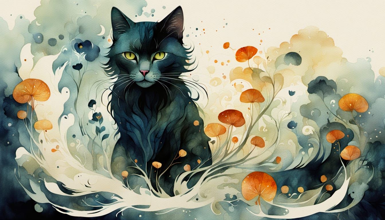 Grimdark Feline Portrait in Watercolor Style