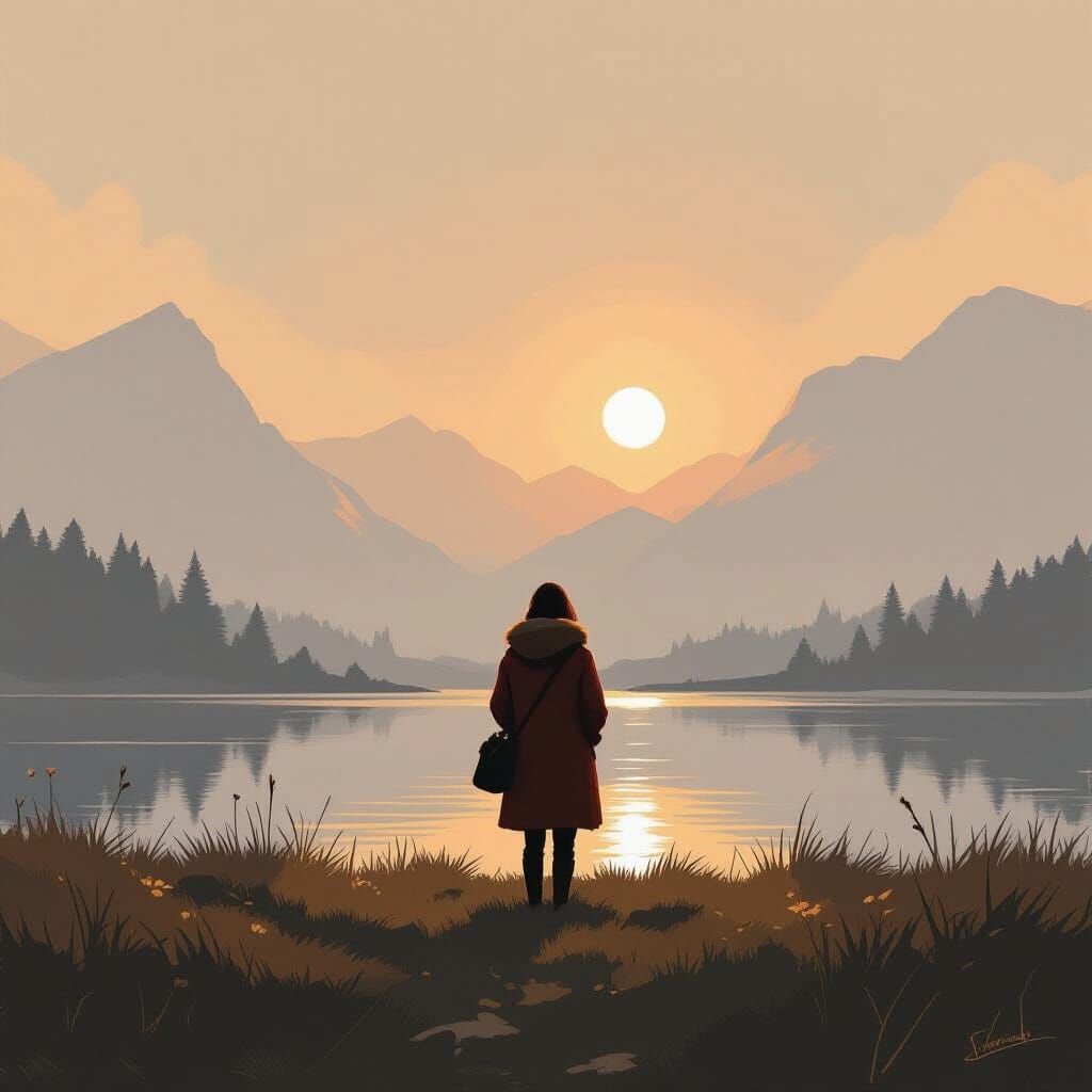 Serene Landscape with Lone Figure in Whimsical Style