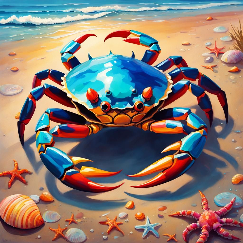 Crab on Beach at Sunset in Splash Art Style