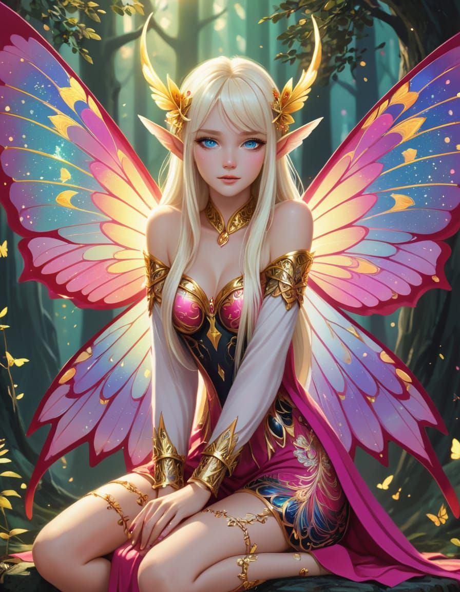 Anime Fairy with Butterfly Wings in Magical Forest