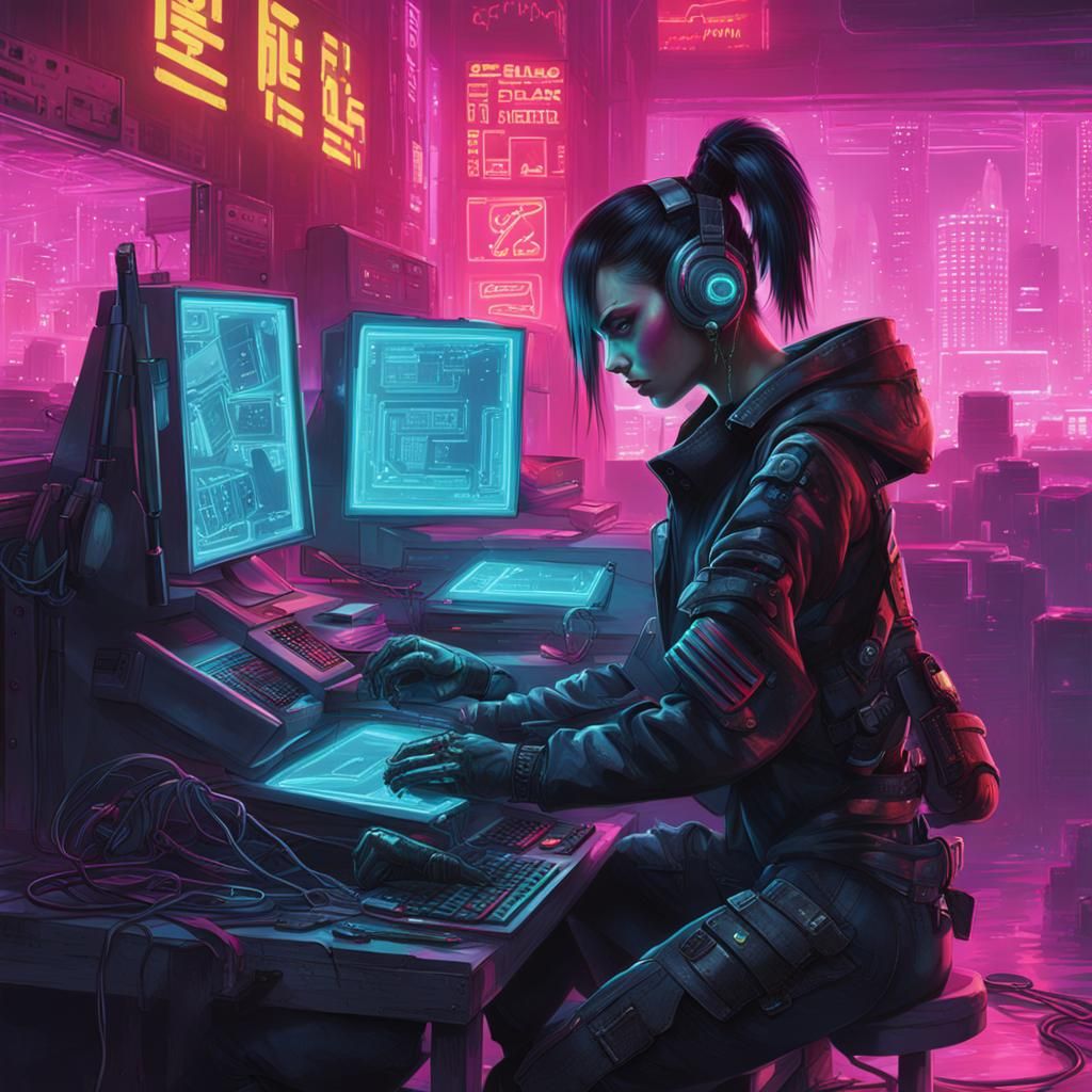 Cyberpunk Woman Repairs Computers in Neon City