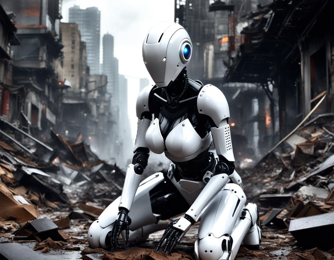 Faceless Robot Crawling Through Cyberpunk Ruins