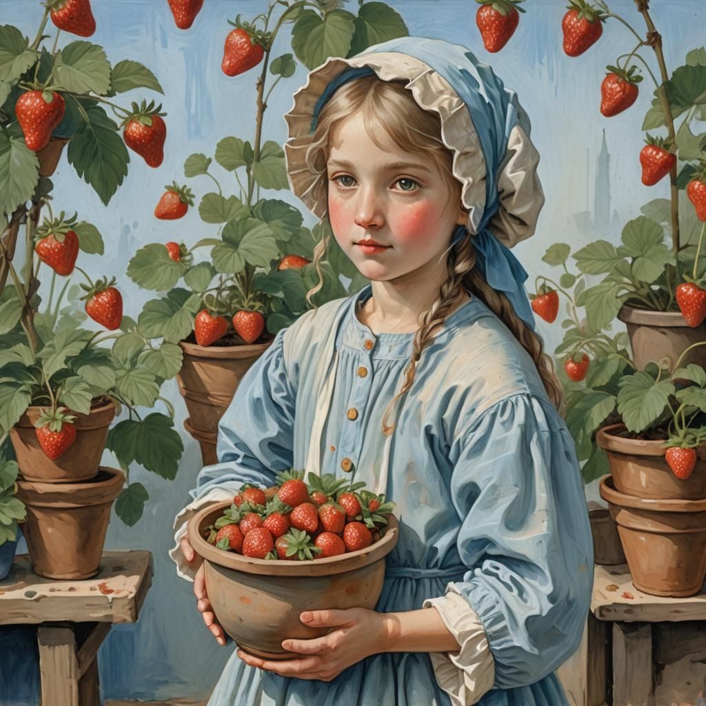 Girl With Strawberries: Renaissance Impasto Gouache Painting