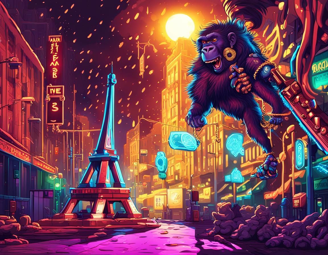 Gangster Cartoon Ape Portrait in Neon City