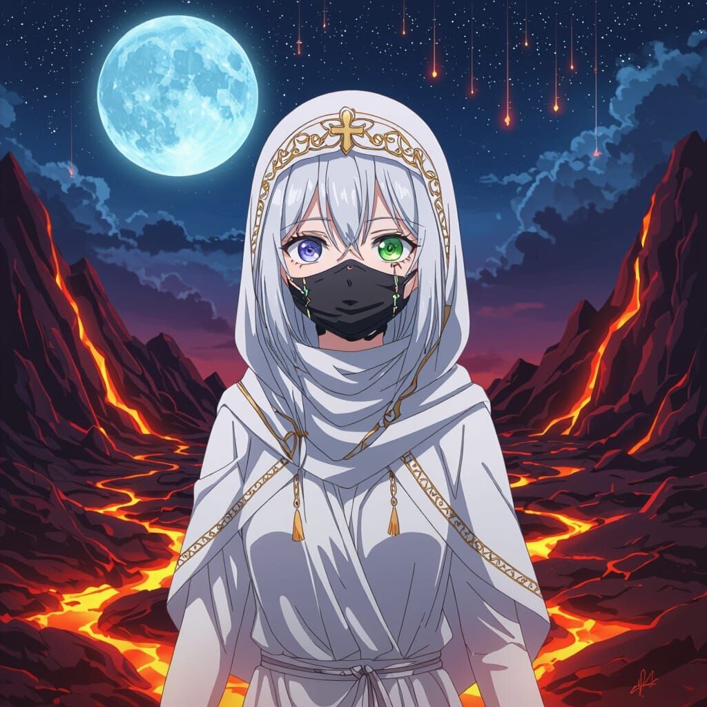 Anime Girl in Lava Field with Moon
