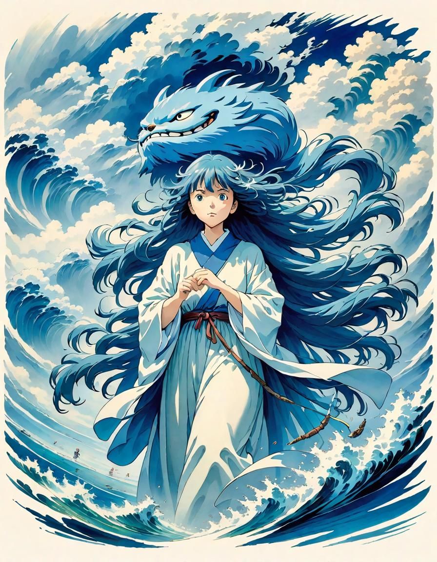 Ghibli-Inspired Blue Wind Spirit Illustration