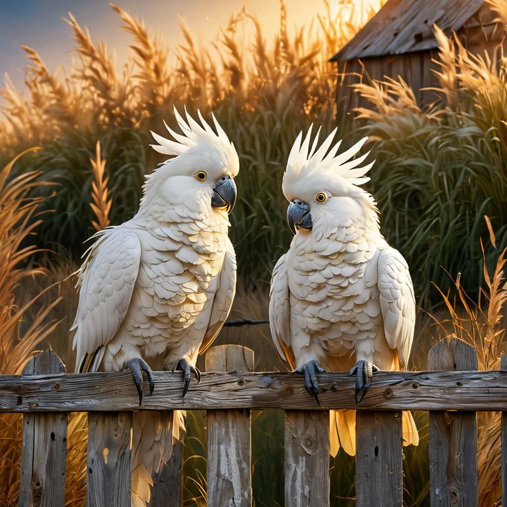 Surreal Cockatoos on Fence in Abstract Airbrush Art