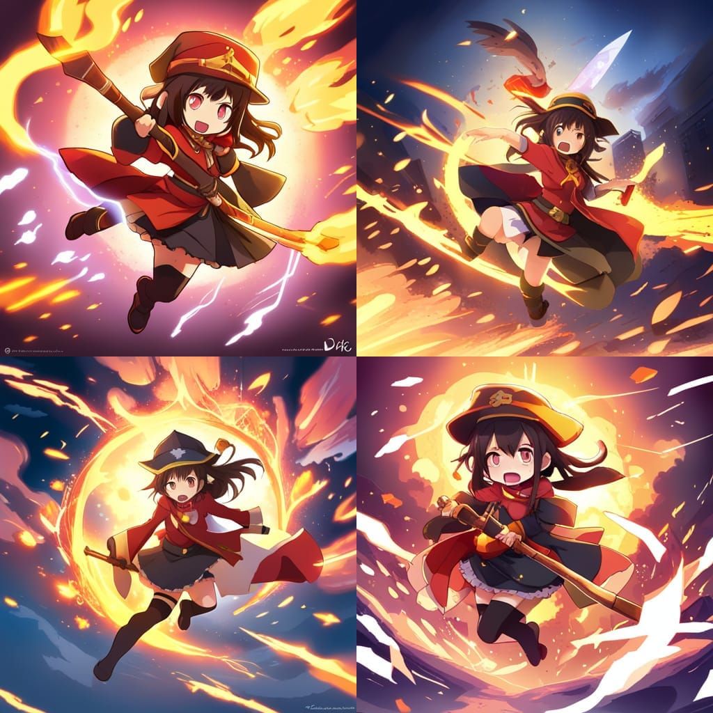 Megumin Casting Explosion Spell in Anime Style