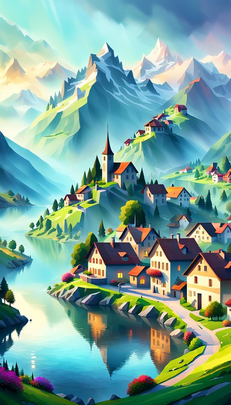 Serene Swiss Village in Low-Poly Digital Art