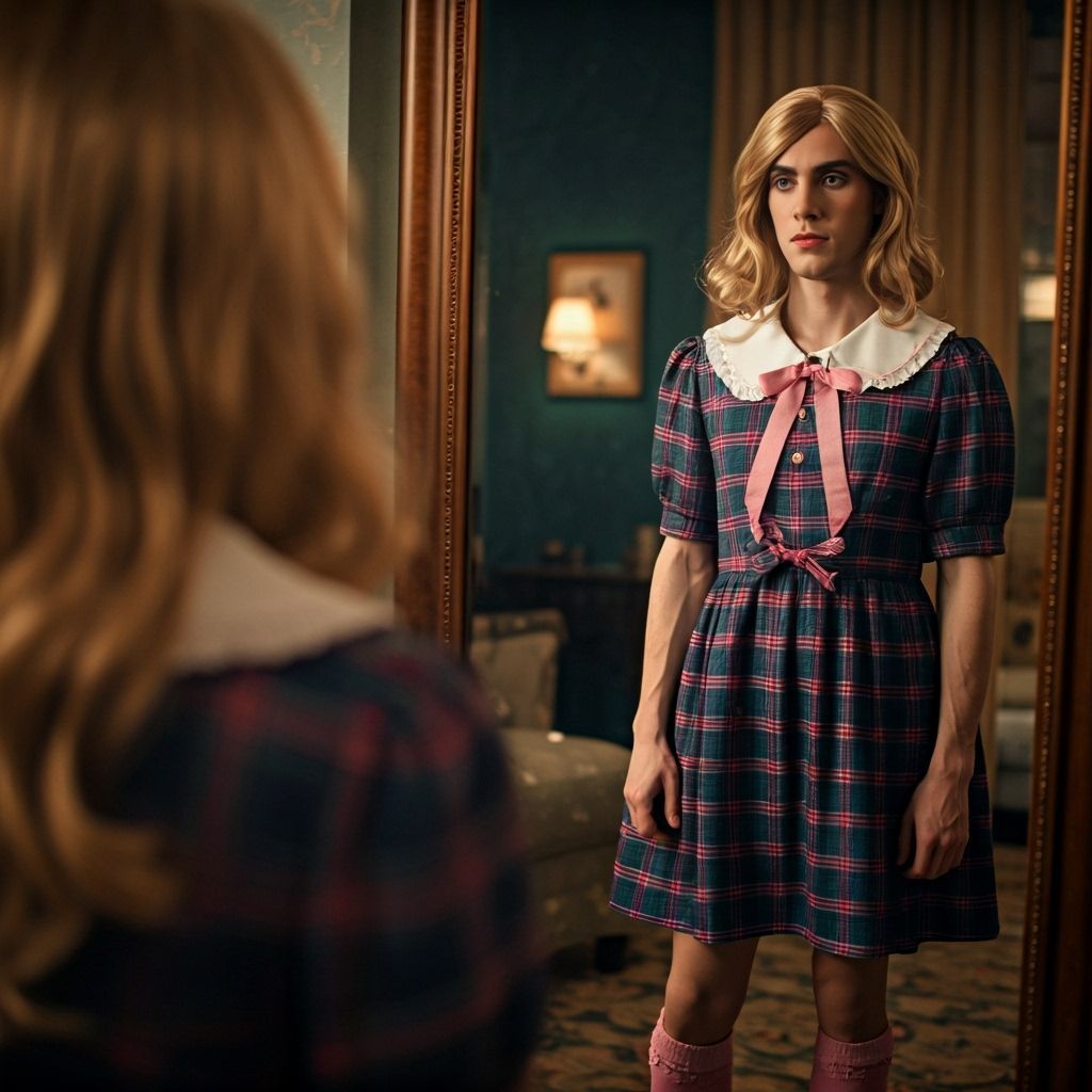 Crossdressed Young Man Gazes at Reflection in Tartan Dress