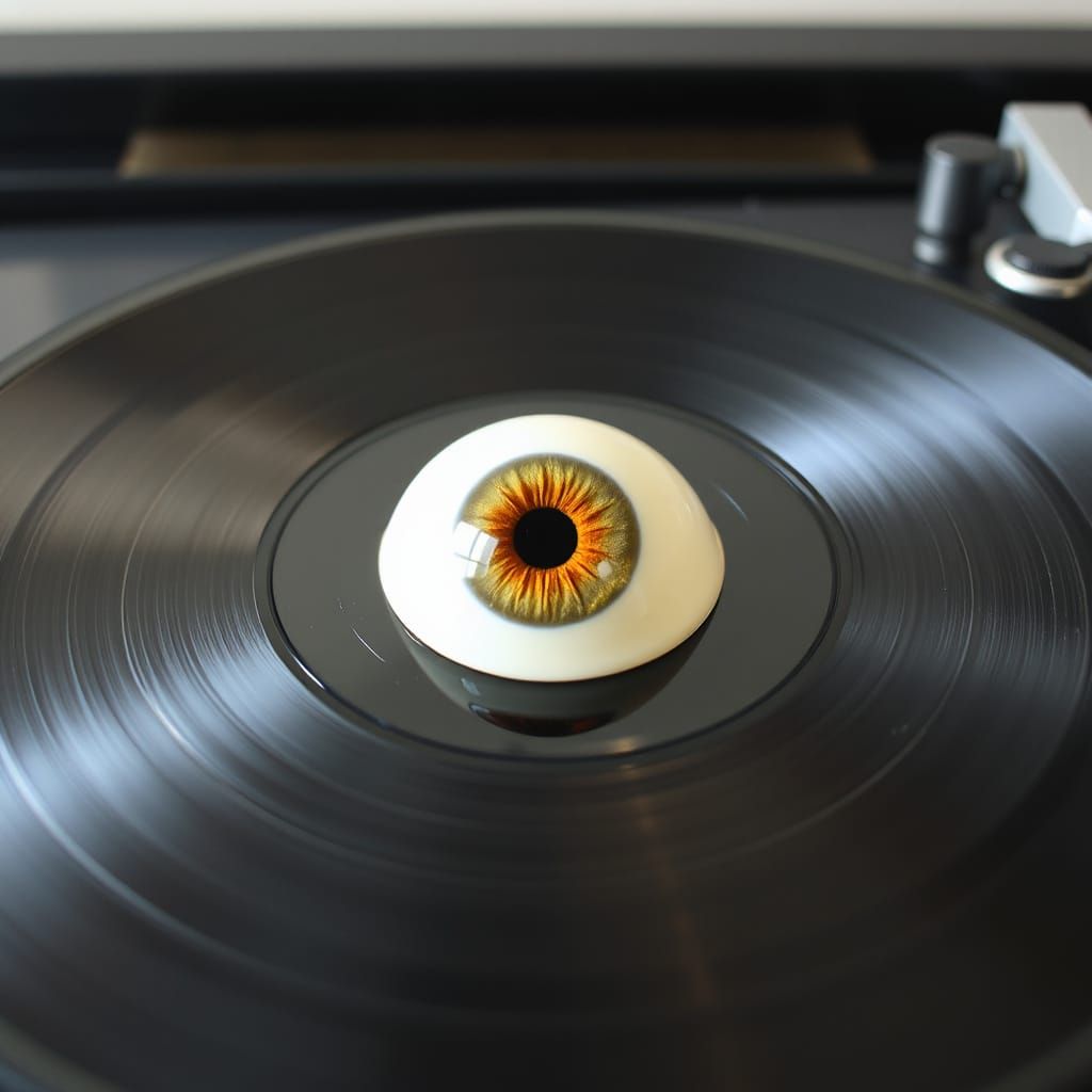 an eyeball in the middle of record spinning on phono record ...