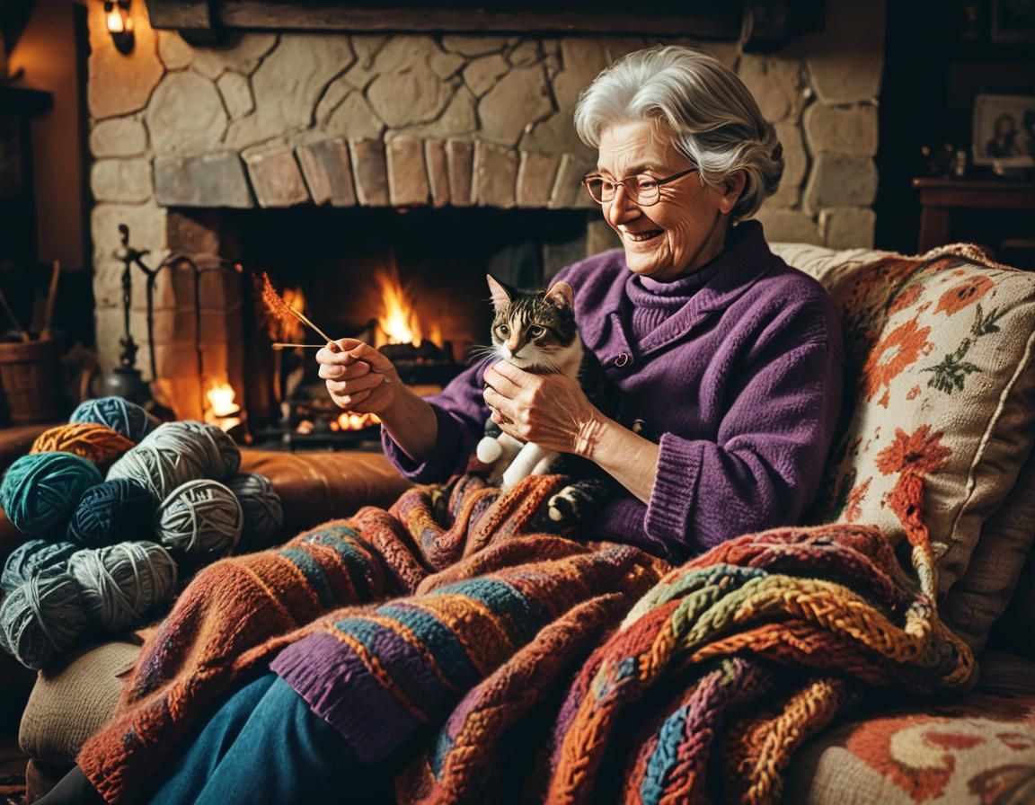 Cozy Scene: Woman Knitting with Cat by Fireplace