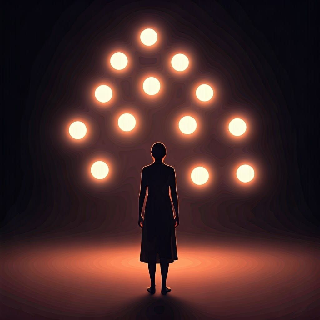 Ethereal Figure Surrounded by Glowing Orbs