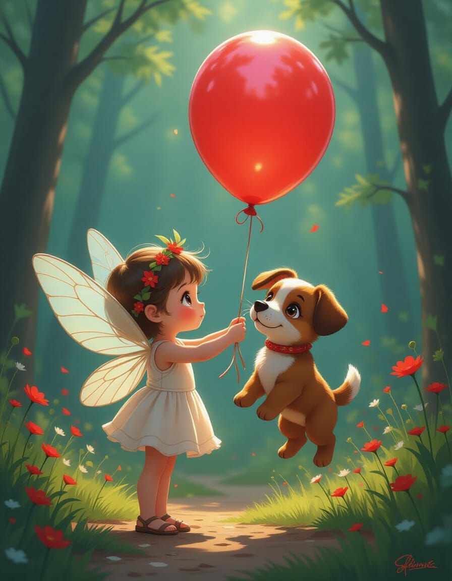Fairy with Balloon Dog: Detailed Fantasy Art