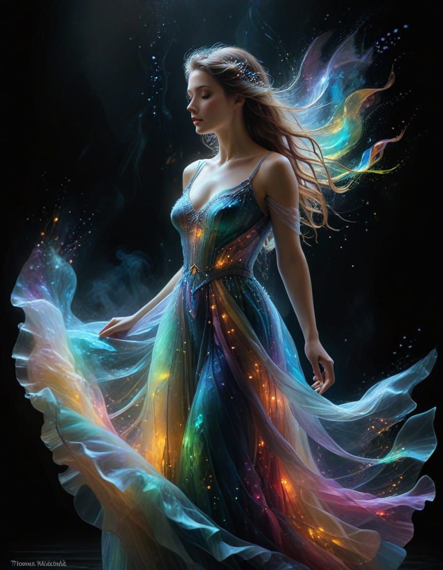 Ethereal Woman in Neon Stained Glass Gown