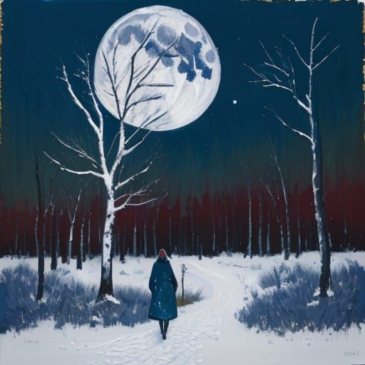 Woman in Snowy Forest Under Full Moon: Gouache Style