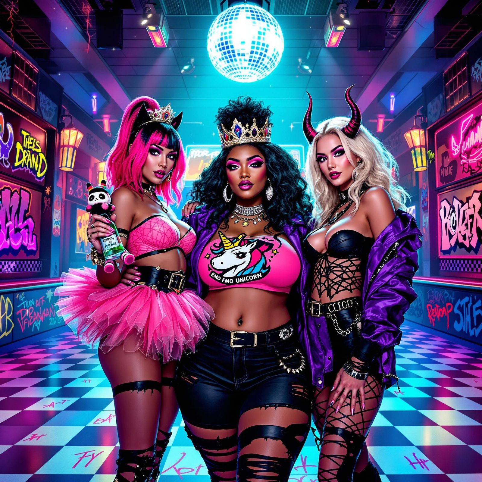 A retro roller skating rink 
With 3 woman in the middle .
On...