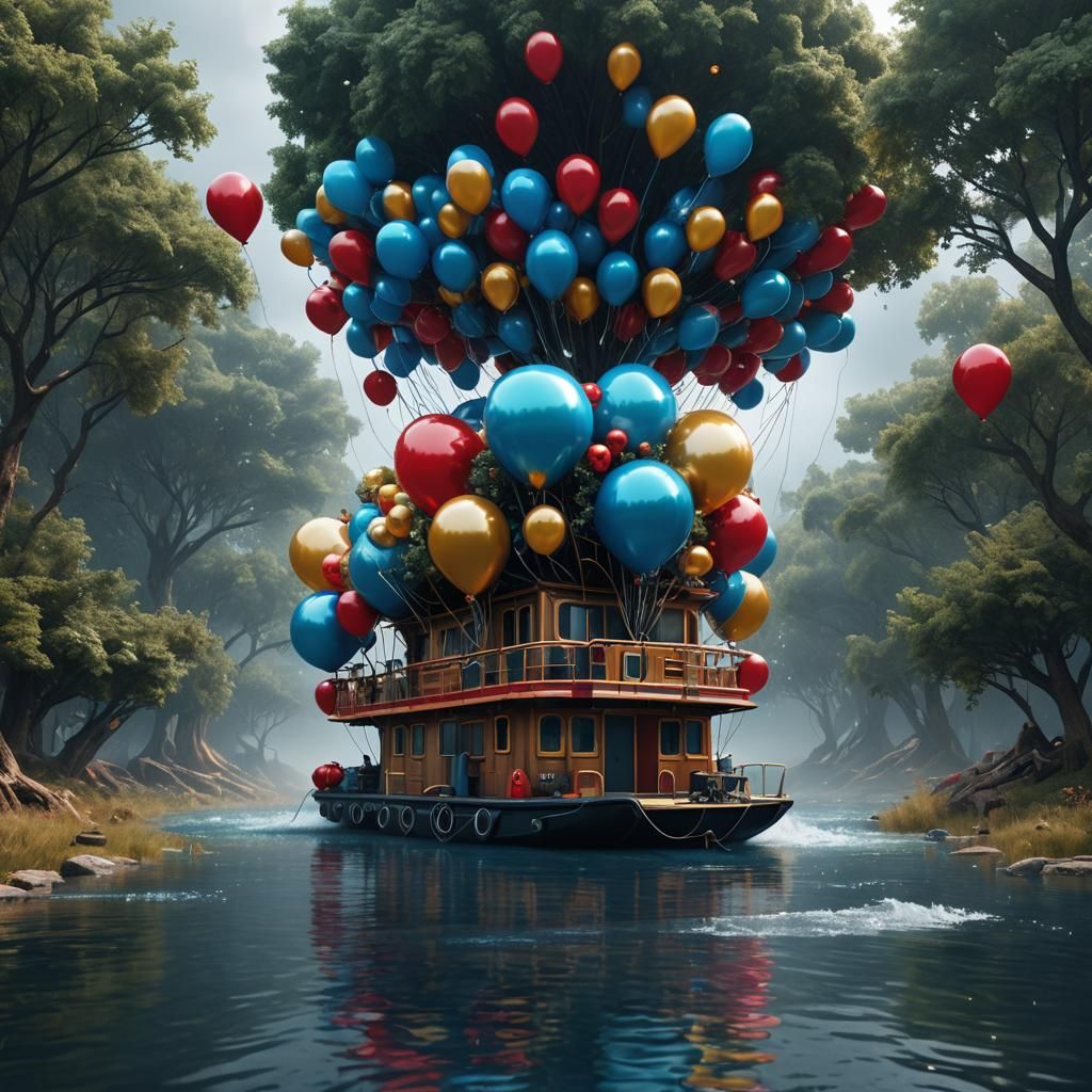 Dystopian Houseboat Held Aloft by Balloons