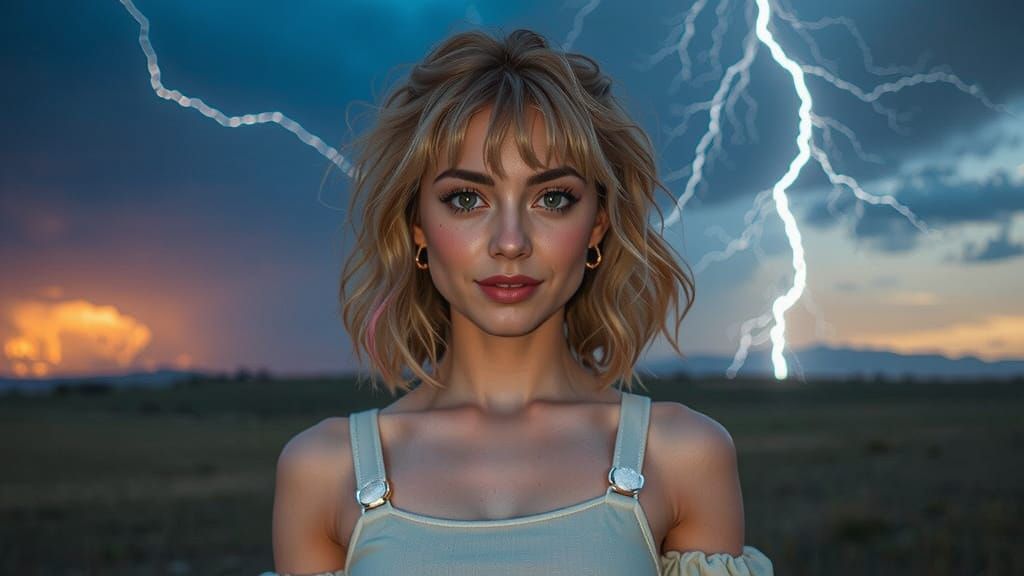 Kawaii Woman in Twilight Thunderstorm Photo