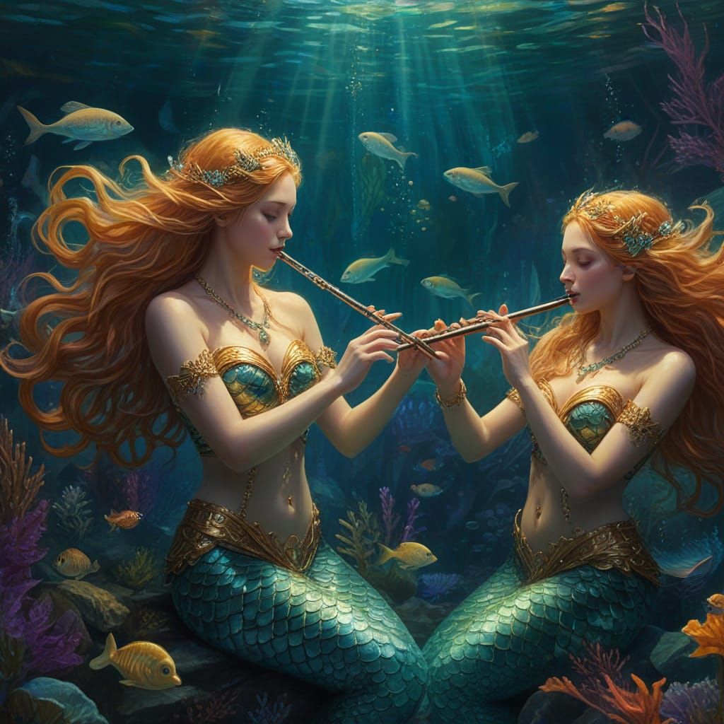 Underwater Mermaids' Flute Serenade: Fantasy Oil Painting
