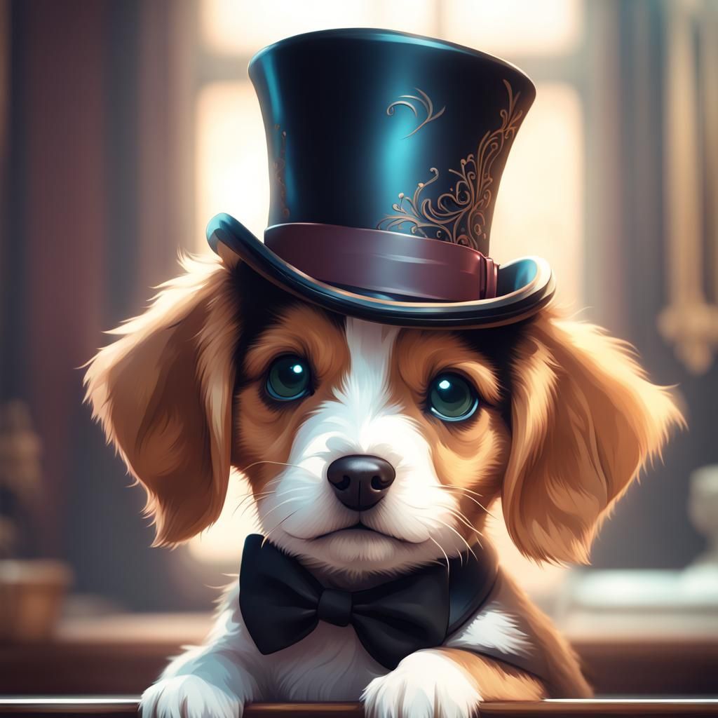 Puppy Portrait with Top Hat in Detailed Lighting