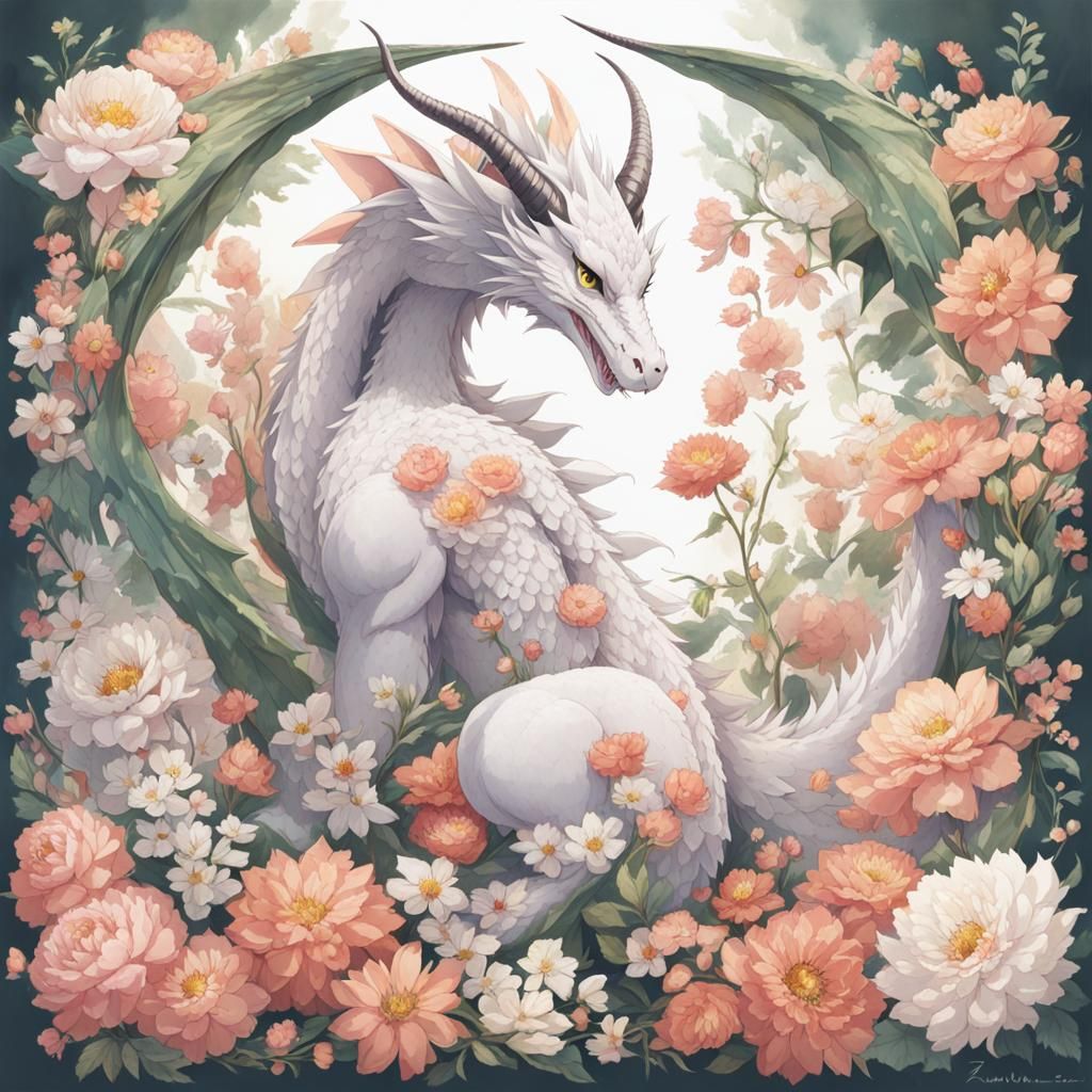Anthropomorphic Dragon in Anime Style with Flowers