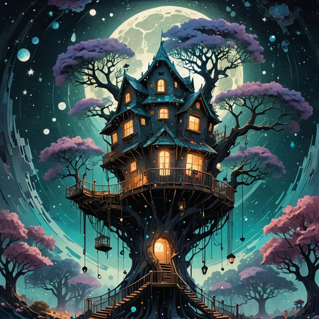 Stardust Treehouse in Glitchcore Surrealism