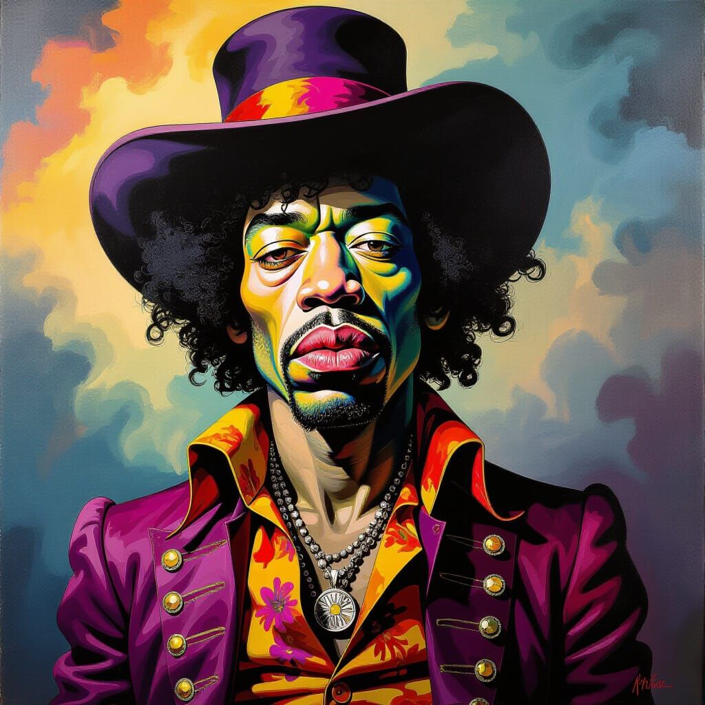 Grotesque Jimi Hendrix Portrait in Surreal Oil Painting Styl...