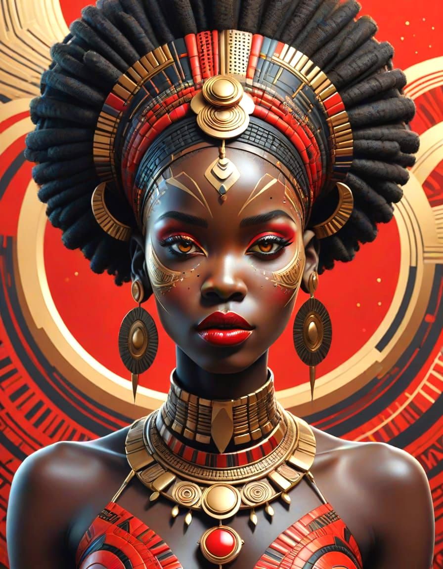 Elegant African Woman with Tribal Patterns in 3D Art