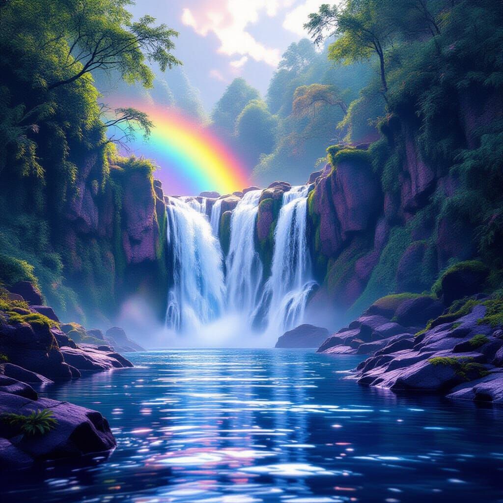 Majestic Waterfall with Rainbow Mist in Photorealistic Style