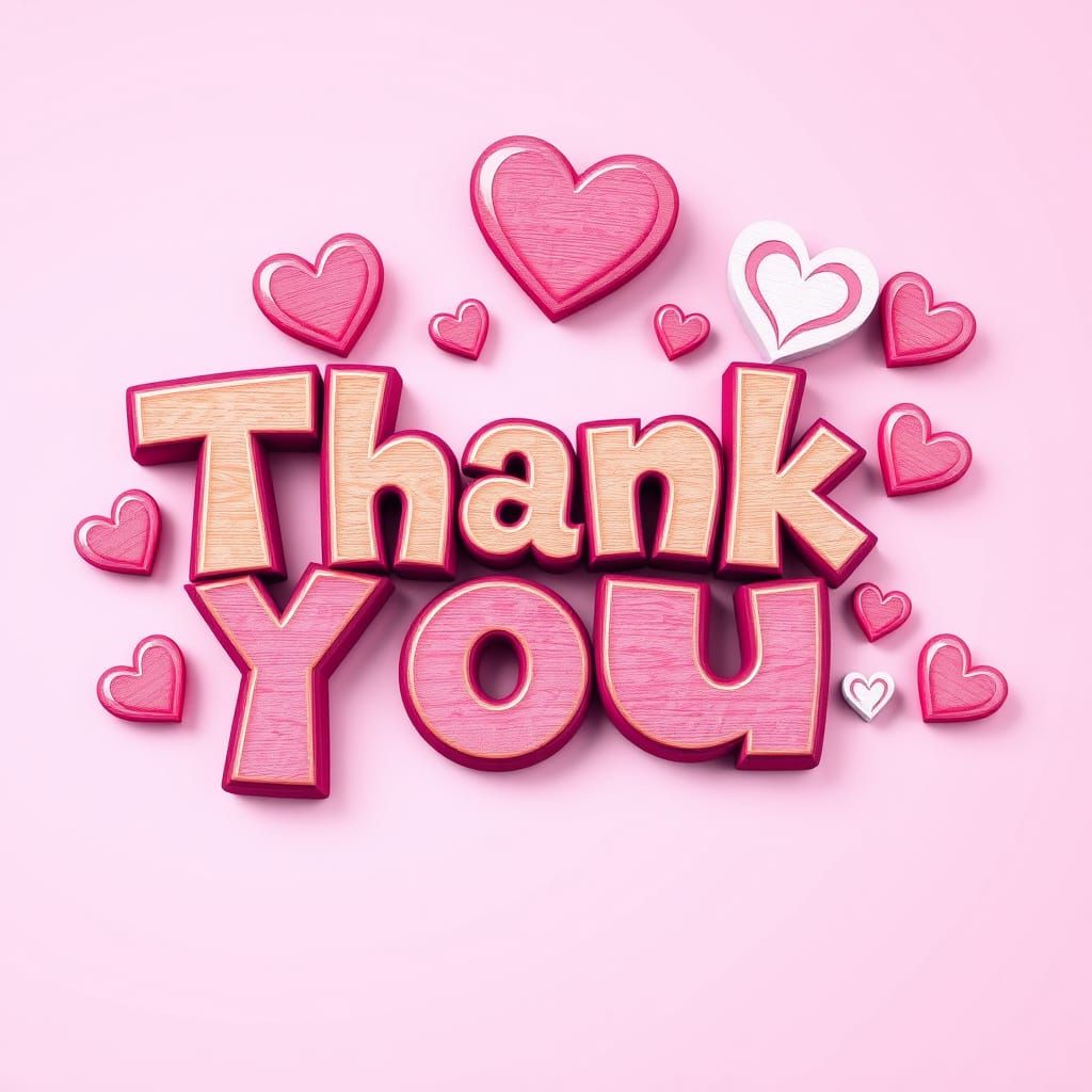 A 3d CARTOON logo that says "Thank You" on a wooden sign, FUCHSIA paint, visible brush strokes, deep wood grain texture,...