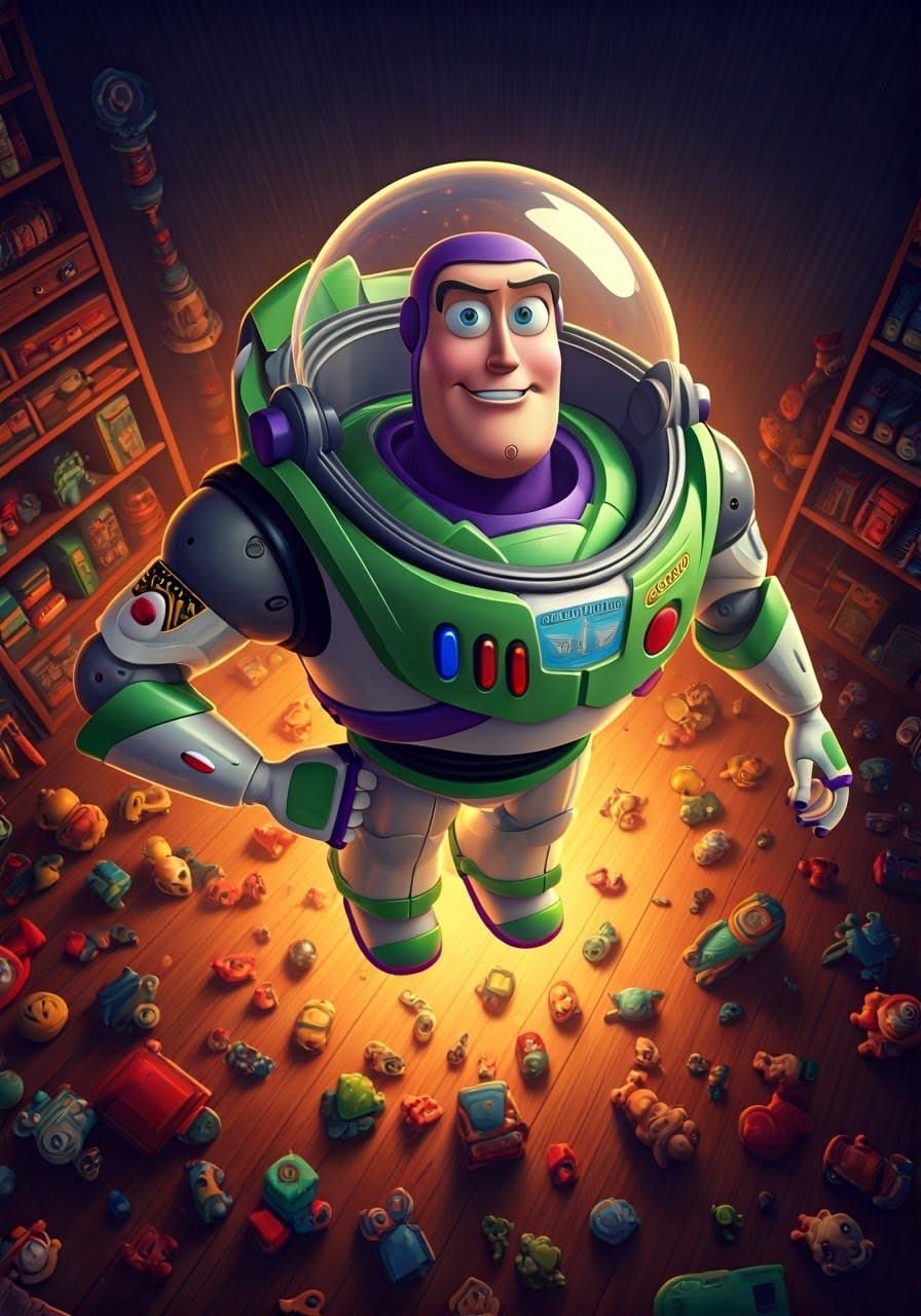 Futuristic Buzz Lightyear Christmas Advertisement in Neon