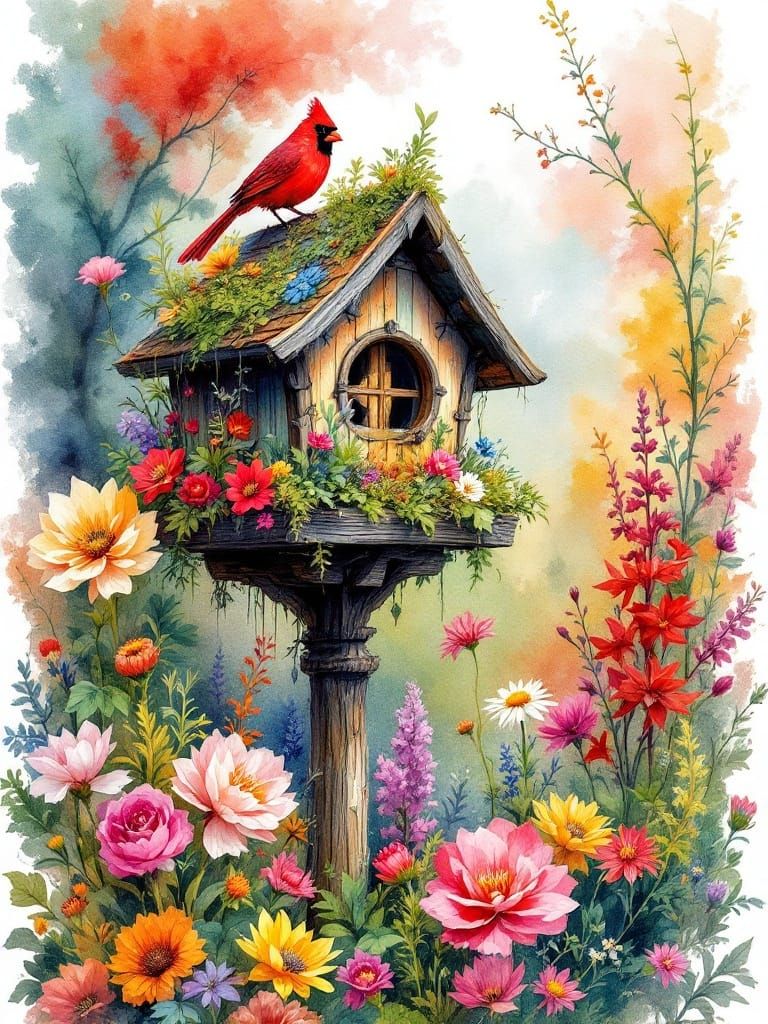 Vibrant Watercolor Cardinal in Whimsical Garden