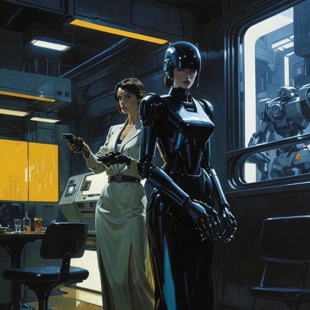 Cartoon of Woman and Robot in Futuristic Cityscape