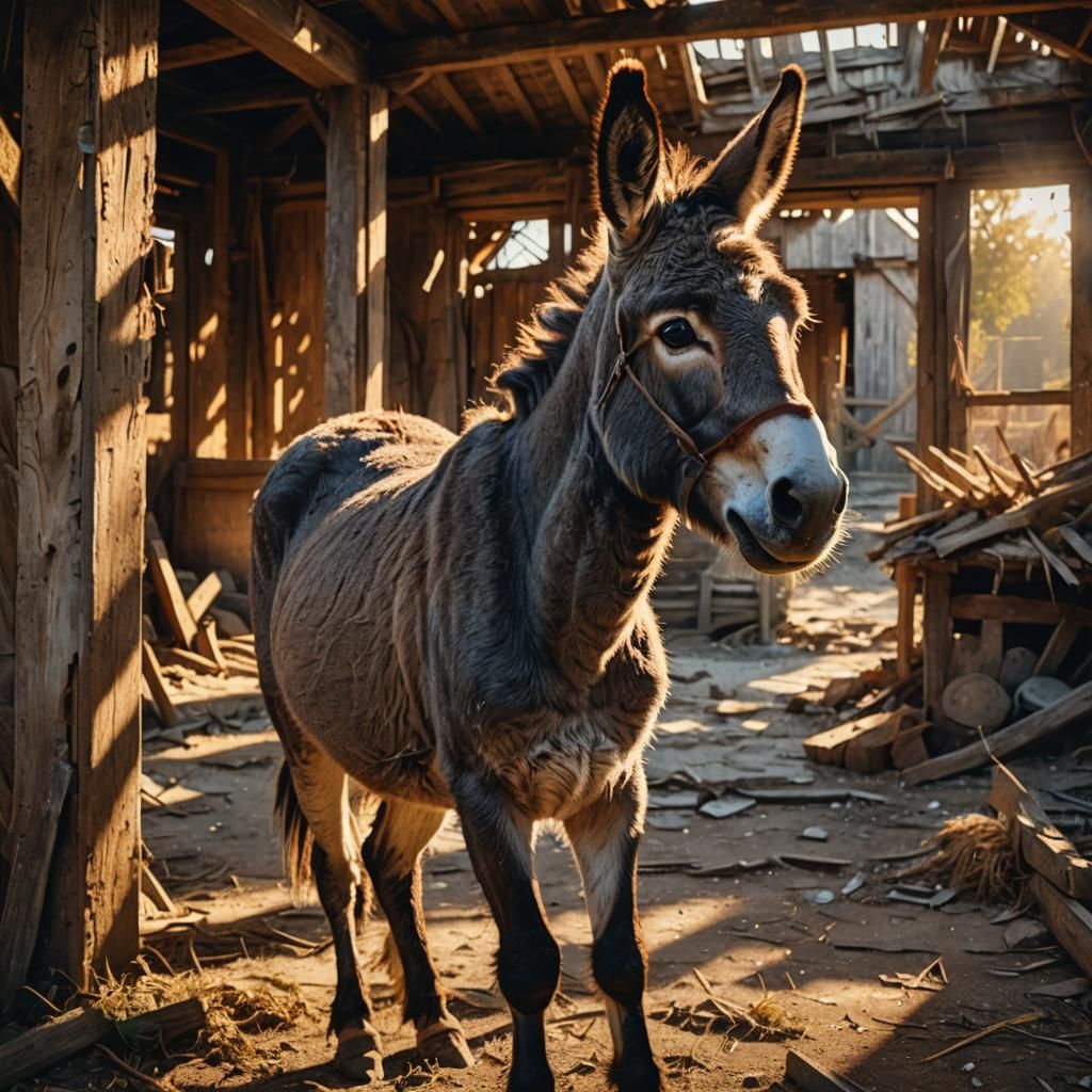 Sad Donkey in Derelict Barn, Hyperrealistic Splash Art
