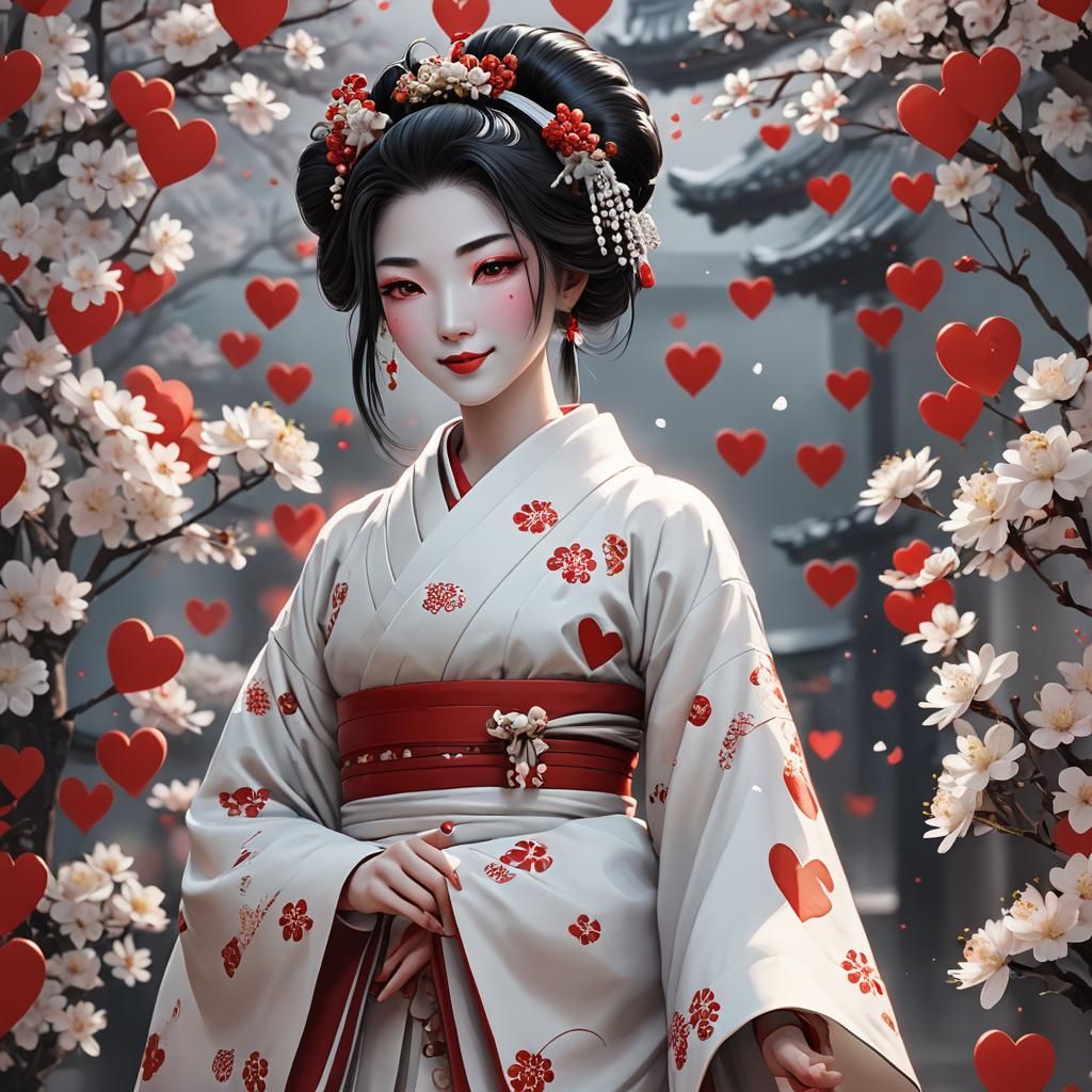 Smiling Geisha with Flower in Anime Style
