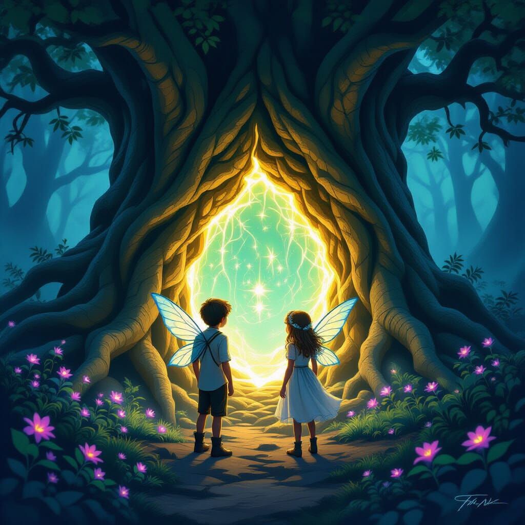 Fairies Discover Glowing Rune Portal in Ancient Tree Roots