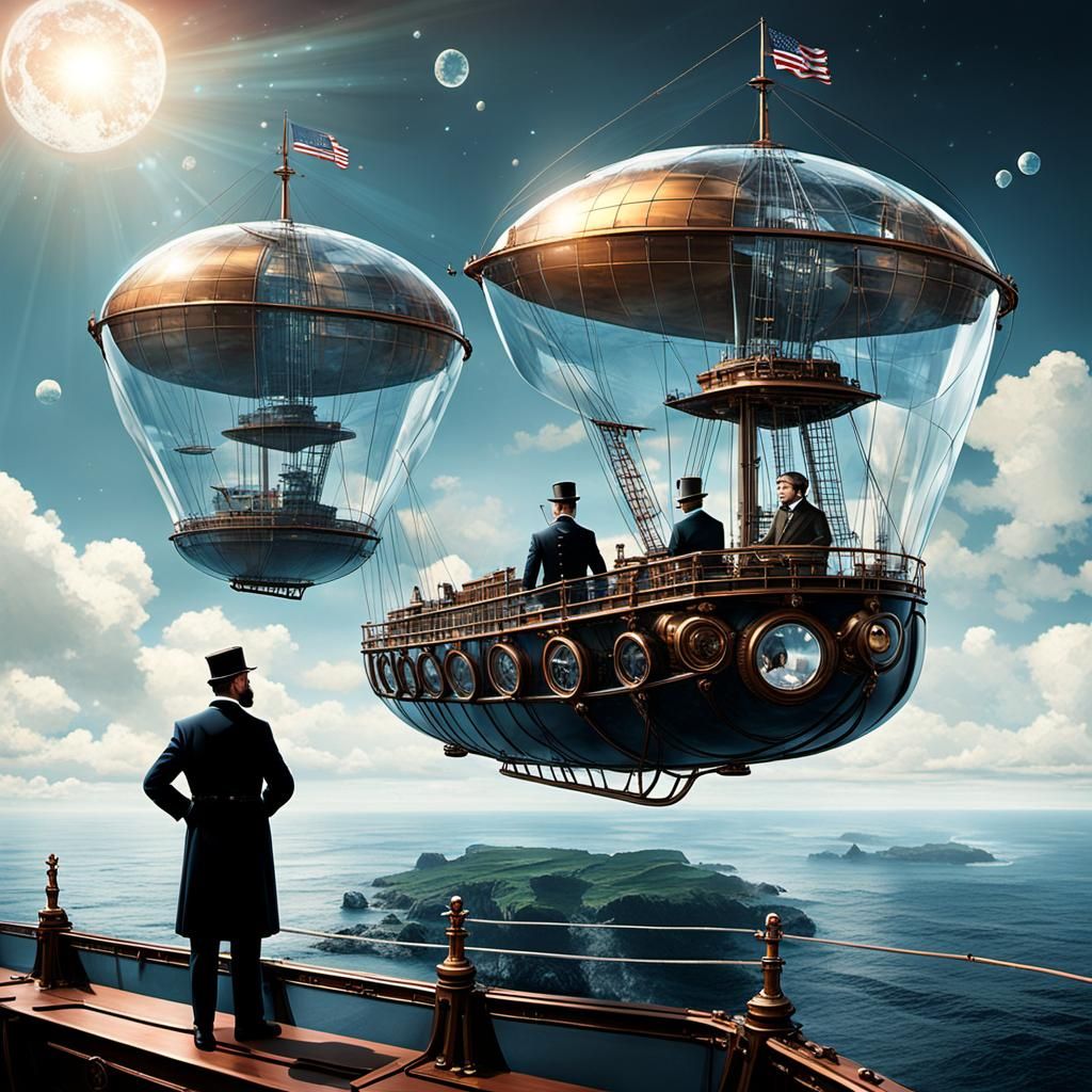 Verne and Wells on Martian Adventure, Detailed Matte Paintin...