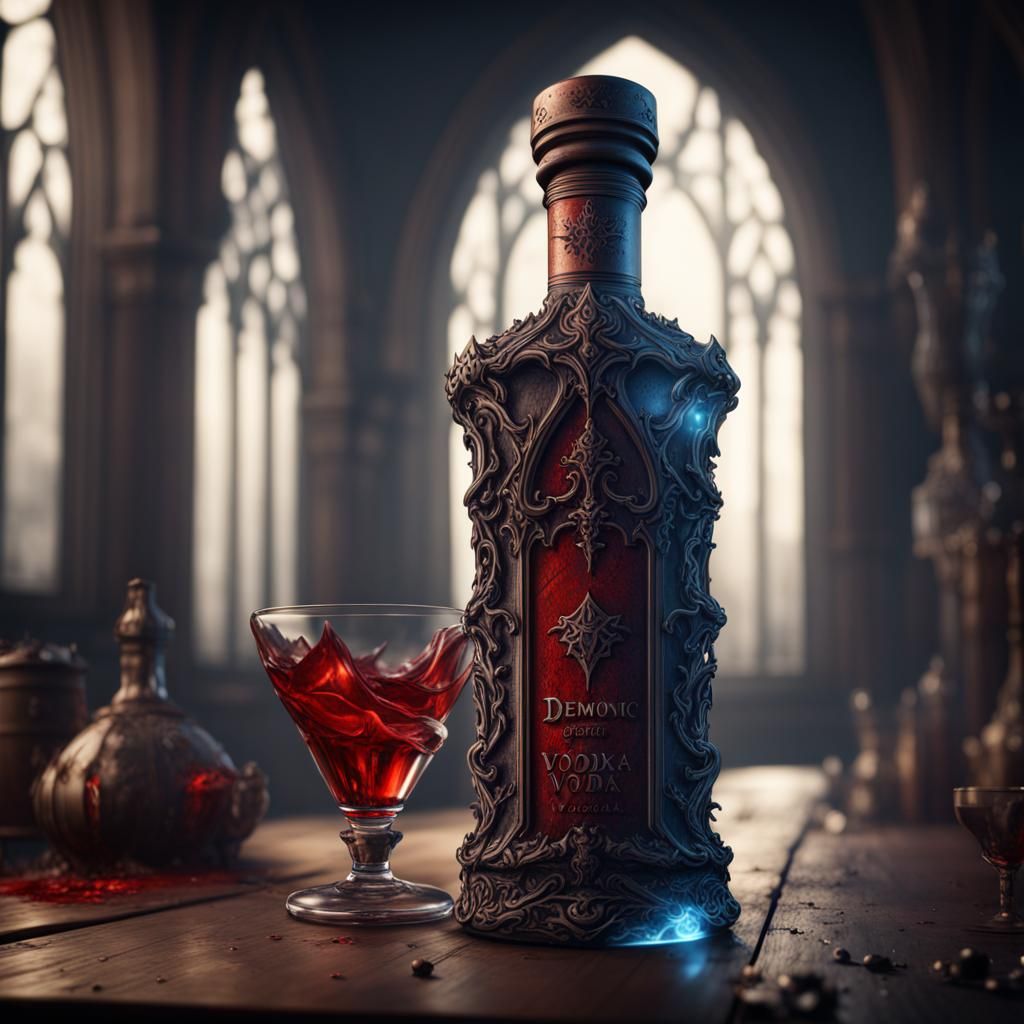 Demonic Gothic Vodka Bottle in Detailed Digital Art