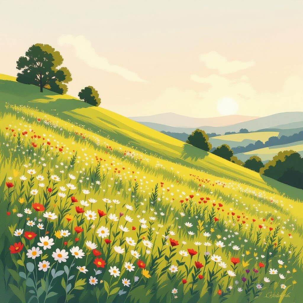 Sun-Dappled Hillside with Wildflowers in Golden Light