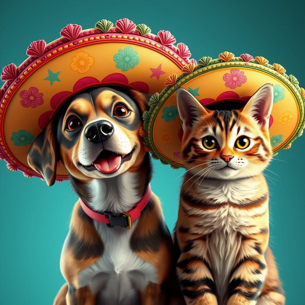 cat and dog with sombrero