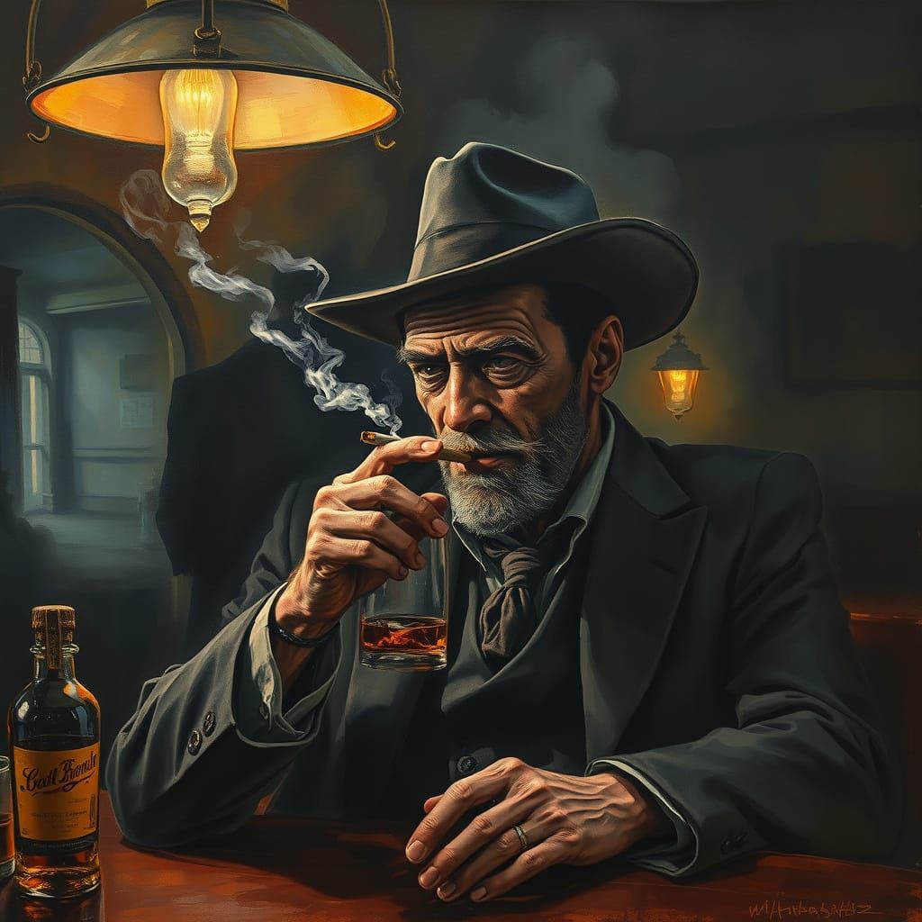 Gangster in Gouache Style in Dimly Lit Bar