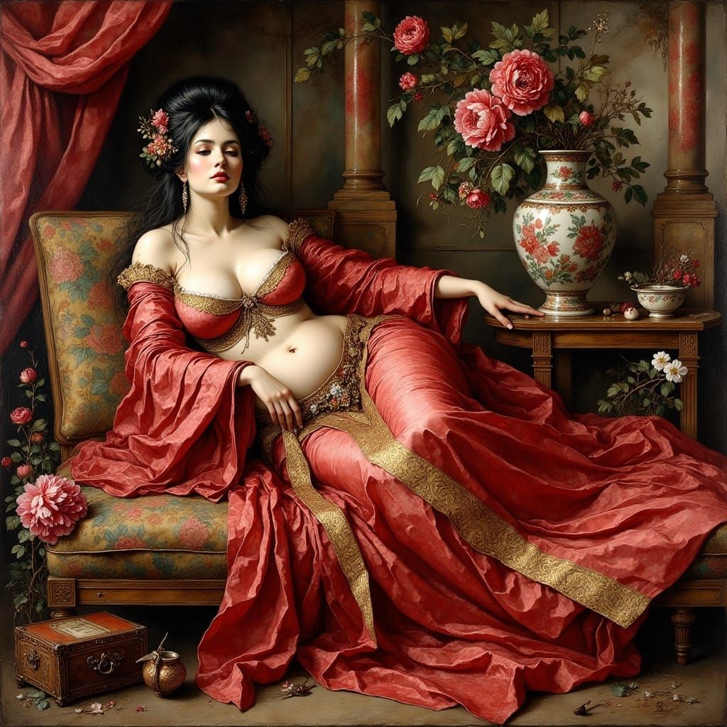 Voluptuous Asian Noblewoman in Baroque Oil Painting