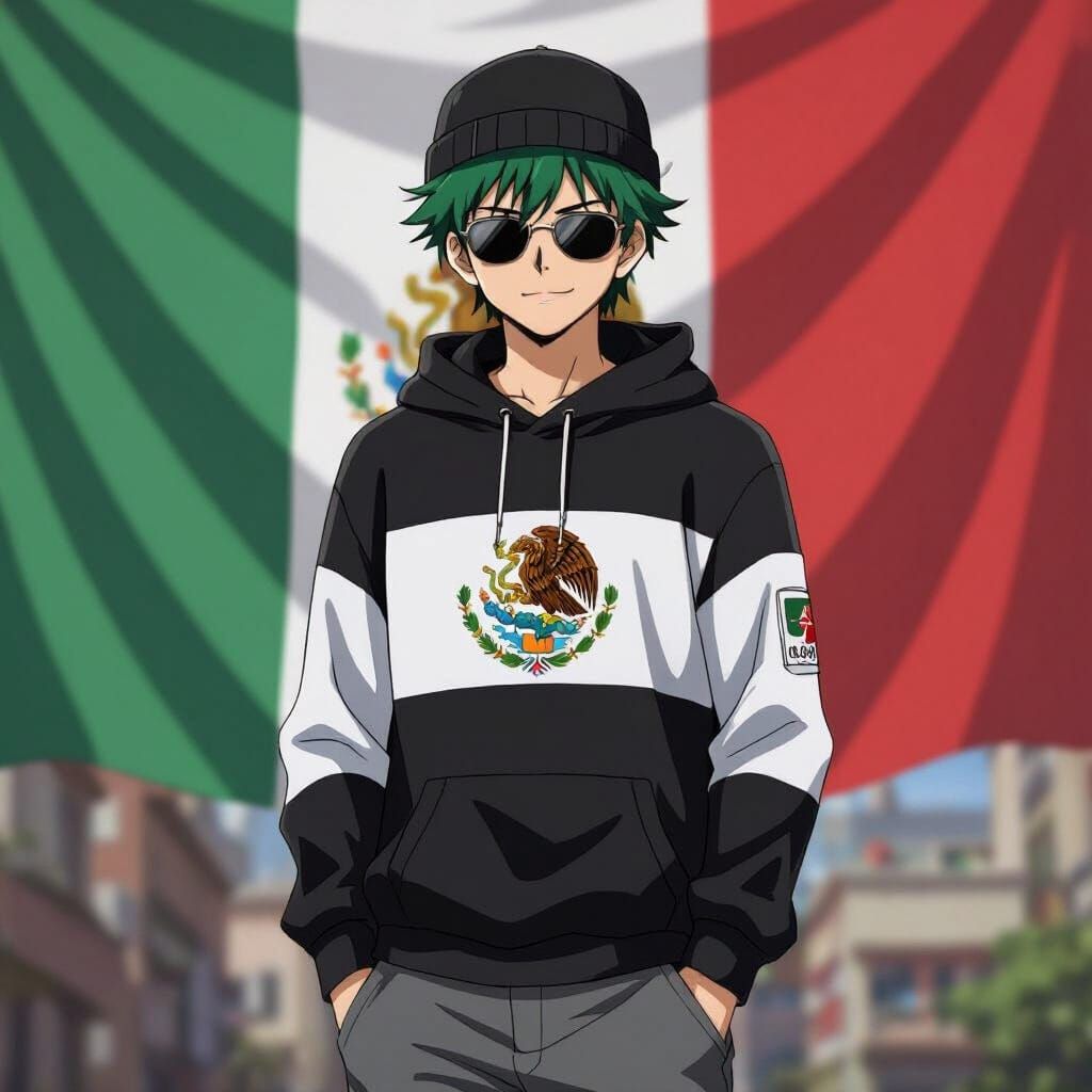 Anime Boy with Mexican Flag Hair and Emblem