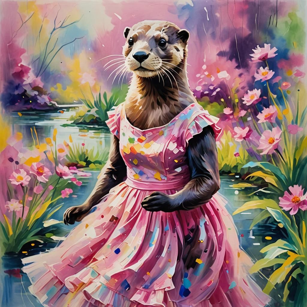 Otter in Pink Dress: Fauvist Expressionism