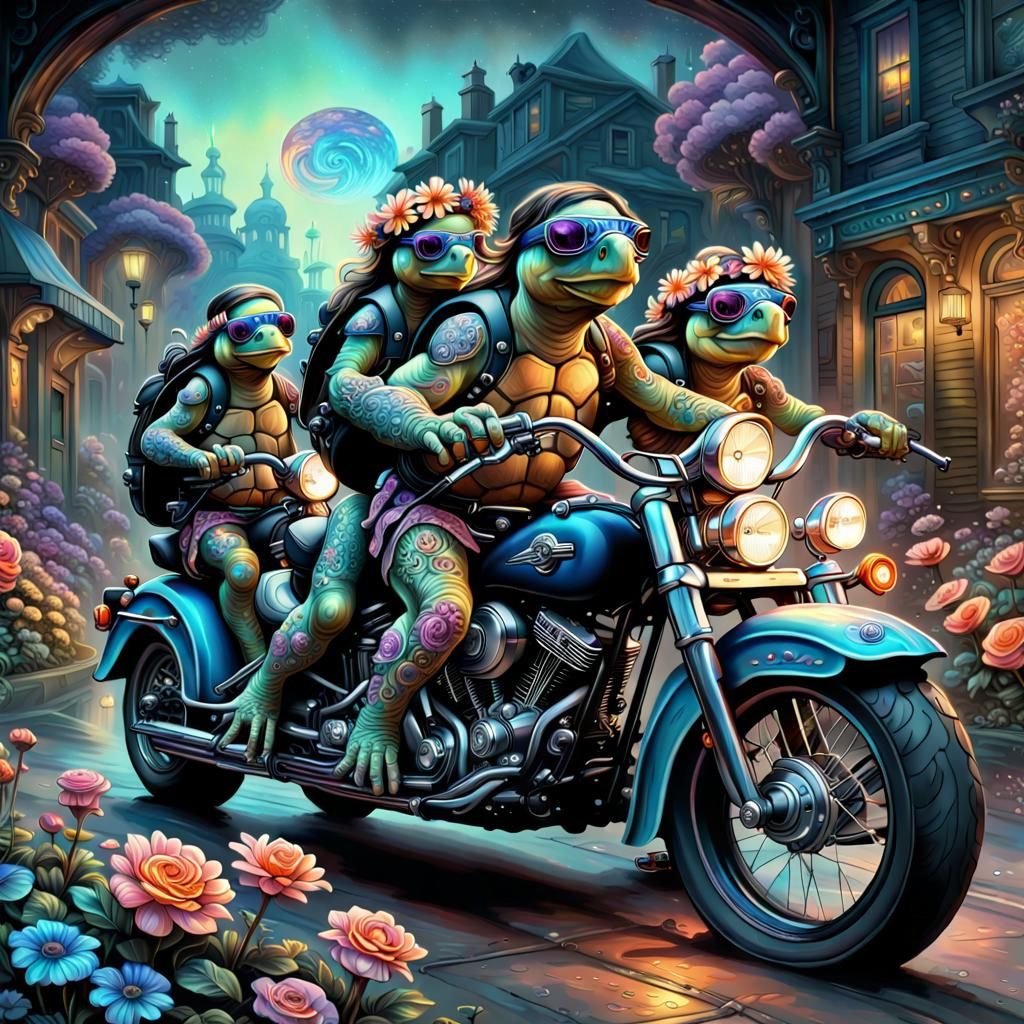 Electroluminescent Turtle Family on Harley Davidson Bikes